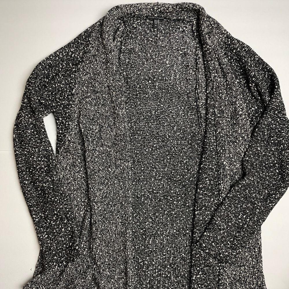 Eileen Fisher Open Cardigan Pure Cotton Knit Black‎ & White Marled Size medium
